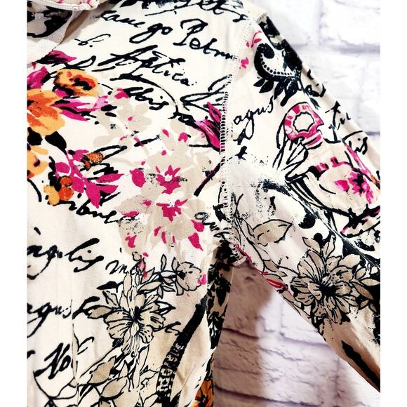 Onque Casuals Tan Multicolor Floral Paris Print Full Zip Cardigan Large - Picture 3 of 5